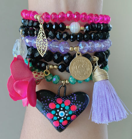 Black & Hot Pink- Set of Bracelet & Earrings