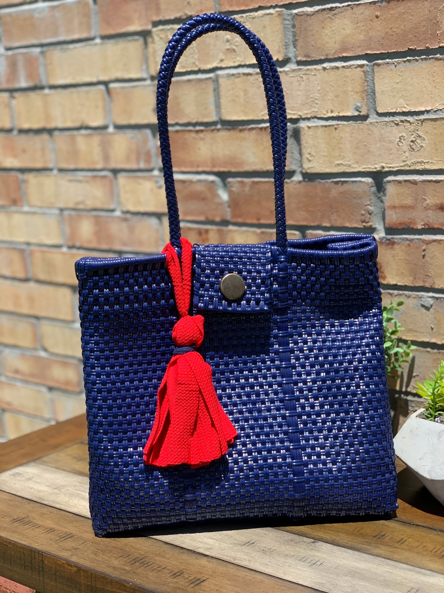 Navy Blue w/ Red Tassel - Handwoven Plastic Tote Bag