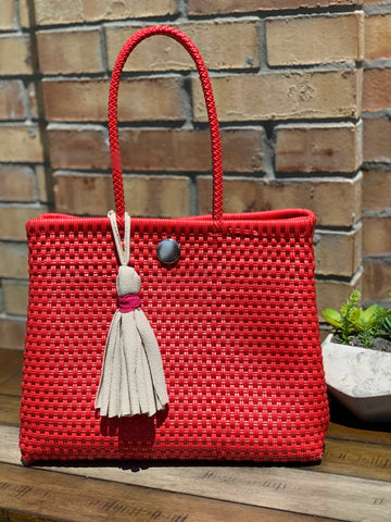 Red  w/ White Tassel- Handwoven Plastic Tote Bag